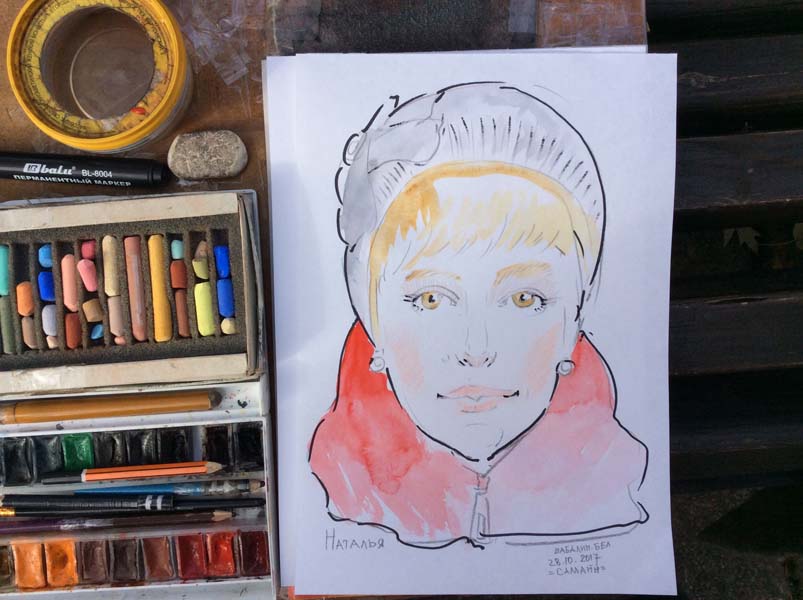 шаржист на корпоратив Михаил Шабалин шарж Натальи в красном