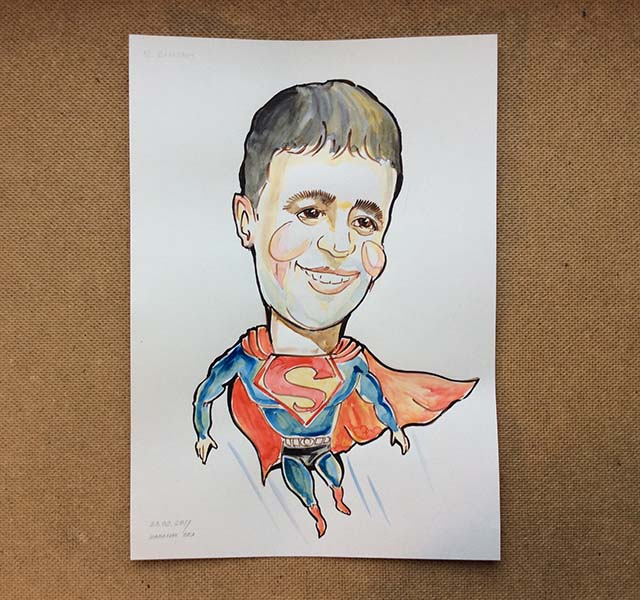 Шарж Супермена в акварели шаржист Михаил Шабалин Мишель Минск 