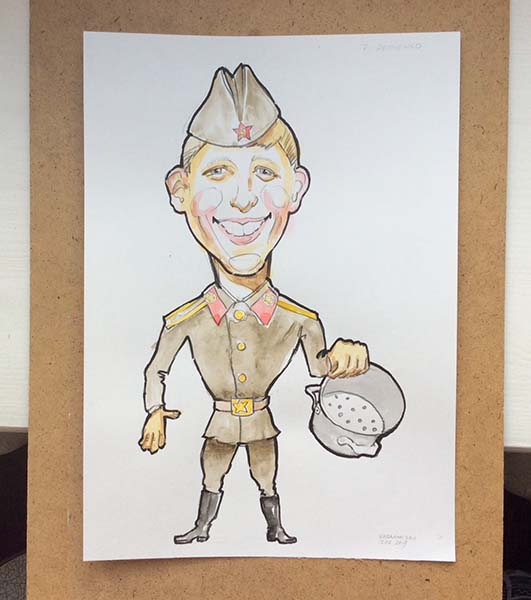 Шарж на солдата с дырявой кастрюлей шаржист Михаил Шабалин Мишель МИнск