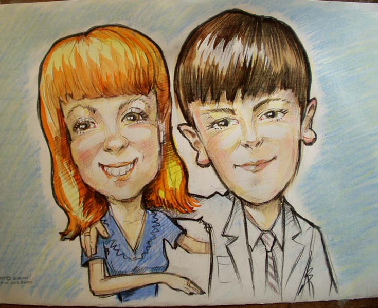 шарж рыженькой с другом от шаржиста Мишеля, Михаила Шабалина в Минске