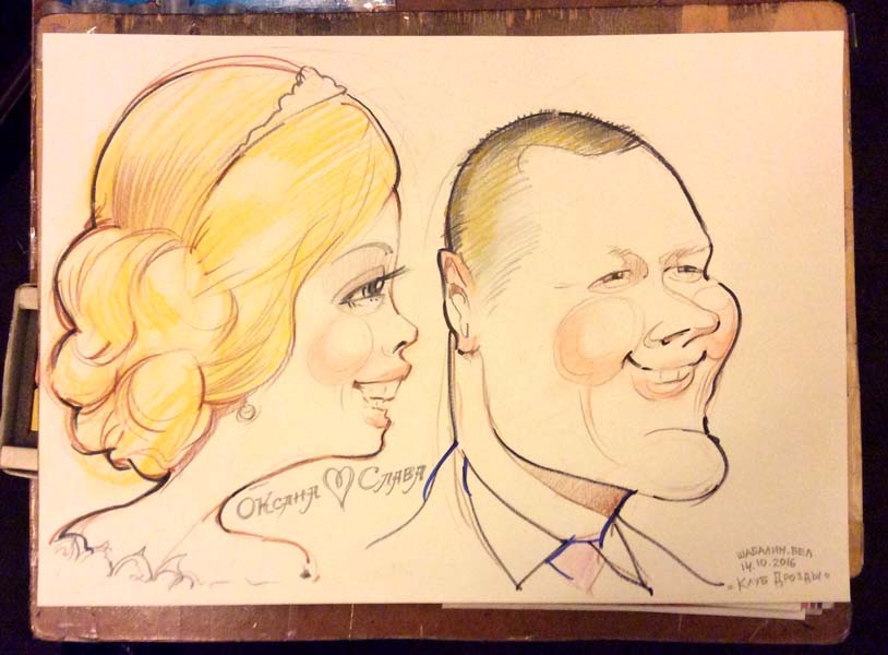 шарж молодоженов цветными мелками и фломастерами