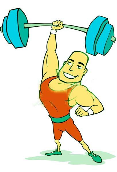 Штангист поднимает штангу одной рукой, шаржист Михаил Шабалин, шаржист Мишель