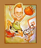 Рисунок баскетболиста, забивающего мяч в корзину, шаржист Михаил Шабалин, шаржист Мишель