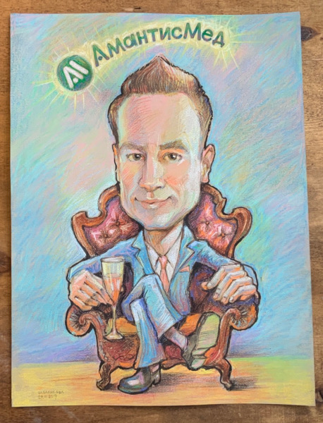 Директор компании с бокалом вина, шаржист Михаил Шабалин, шаржист Мишель, Минск, шарж по фото