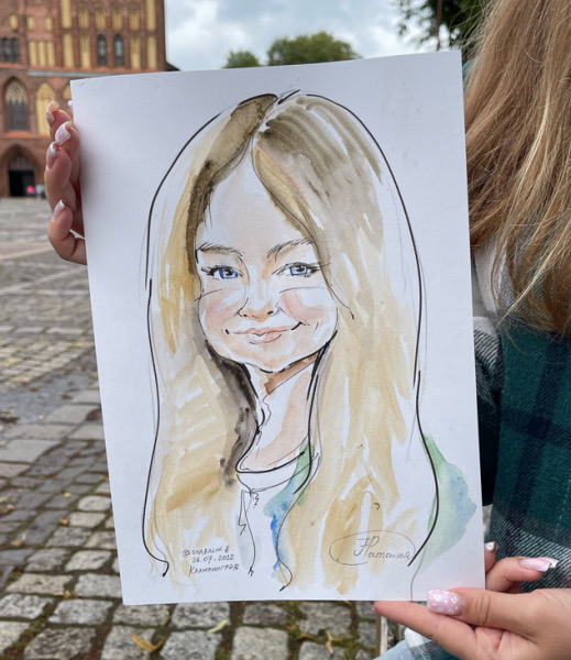 Прозрачная акварель хорошо передает молодость лица, шаржист Михаил Шабалин, шаржист Мишель