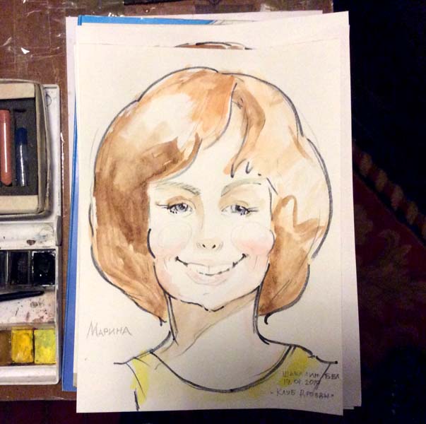 Шарж акварелью Марины, шаржист Мишель, шаржист Михаил Шабалин