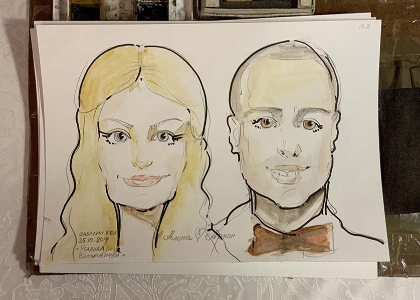 Свадебный шарж жениха и невесты шаржист Михаил Шабалин Мишель